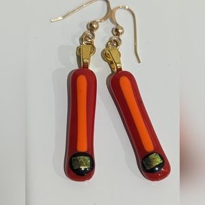 Artisan Handmade red abstract glass earrings  Gold.